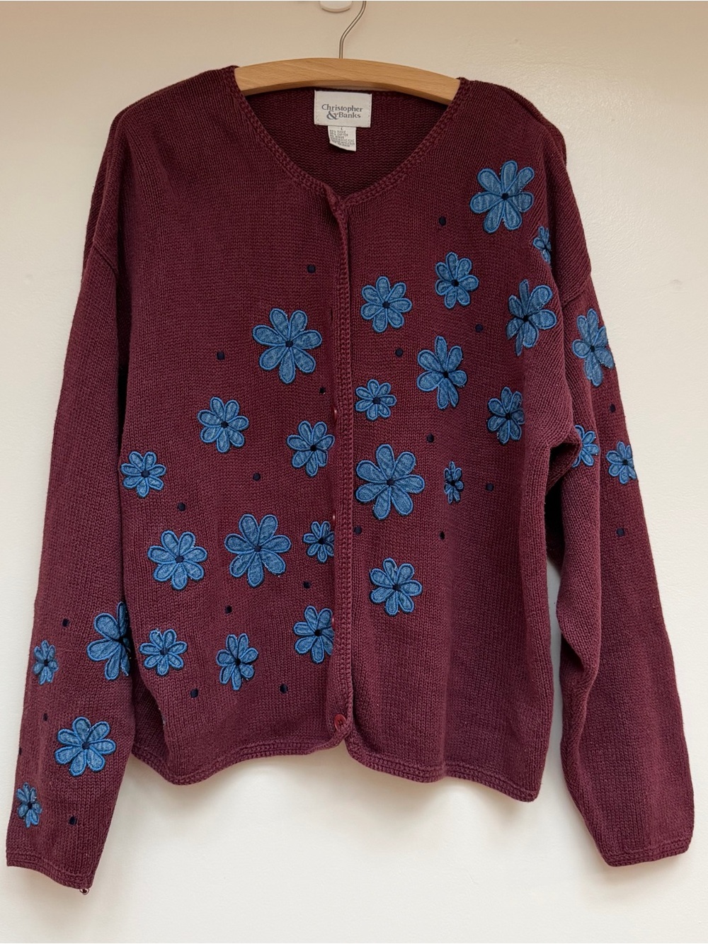 Christopher & Banks Burgundy Cardigan with Blue Floral Appliqué